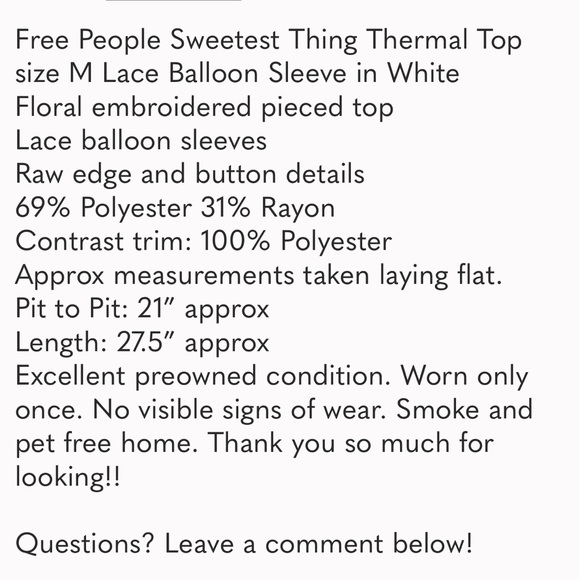 Free People Sweetest Thing Thermal Top size M Lace Balloon Sleeve in White - Picture 16 of 16